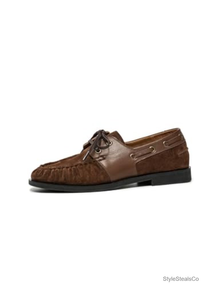 Genuine Leather Suede Boat Loafers, Lace Up Mocc Slip On Walking Shoes